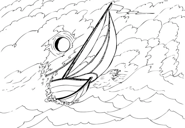Jacht Der Stürmischen See Vom Mond Beleuchtet Handgezeichnete Illustrationen Zum — Stockvektor
