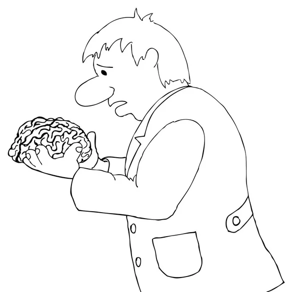 Homme Tient Cerveau Humain Dans Ses Mains Illustrations Dessinées Main — Image vectorielle