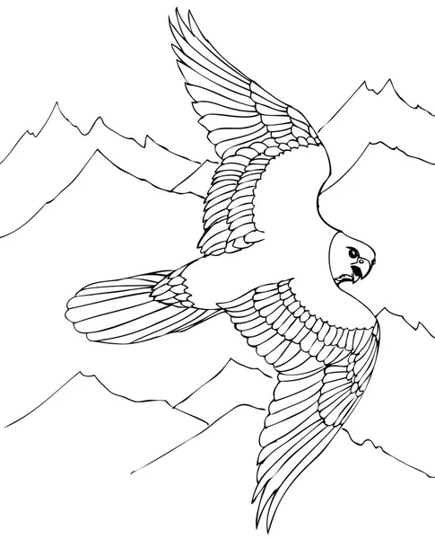 Γεράκι Πετά Πάνω Από Βραχώδη Όρη Χέρι Εικονογραφήσεις Για Χρωματισμό — Διανυσματικό Αρχείο