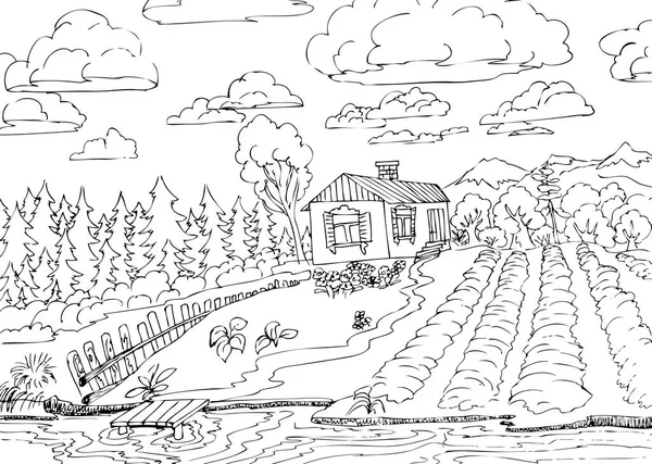 Αγροτικό Τοπίο Δάση Και Μικρό Σπίτι Χέρι Εικονογραφήσεις Για Χρωματισμό — Διανυσματικό Αρχείο