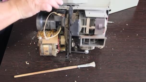 Man Cleans Repairs Projector Man Hands Close — Stock Video