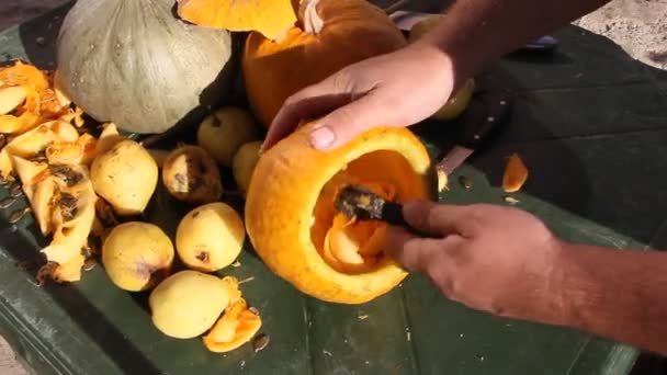 Man Carves Lantern Pumpkin Preparing Halloween Man Hands Close — Stock Video