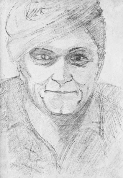 Πορτραίτο Του Ένας Χαρούμενος Άνθρωπος Ένα Καπέλο Μολύβι Χαρτί — Φωτογραφία Αρχείου