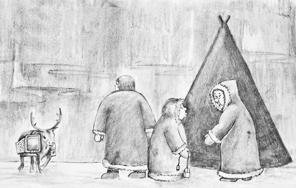 Northern Postman Family Eskimo Meets Stag Computer Pencil Drawing Paper — Stock Photo, Image