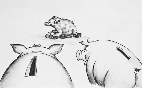 Dois Porquinhos Olhar Para Sapo Dinheiro Desenho Lápis Sobre Papel — Fotografia de Stock