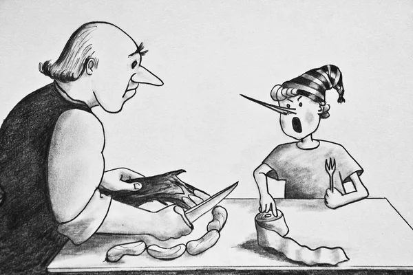Baba Carlo Sosis Tahtadan Açmaktadır Pinokyo Için Sosis Kağıt Üzerine — Stok fotoğraf