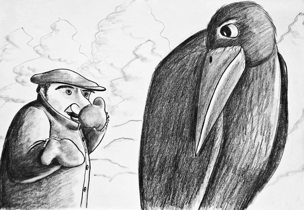 A man talking to a rook. Why doesn\'t your nose get cold? Pencil drawing on paper