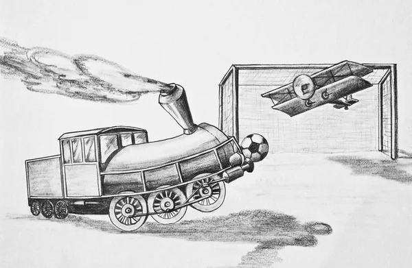 Lokomotive Und Flugzeug Beim Fußballspielen Bleistiftzeichnung Auf Papier — Stockfoto