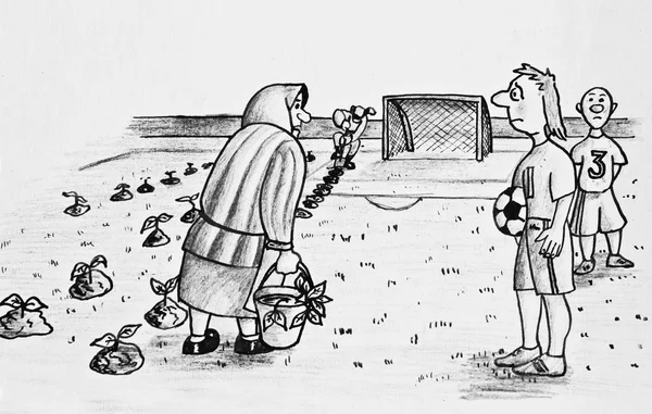 サッカーのフィールドにキャベツを植える老婆 紙の上の鉛筆 — ストック写真