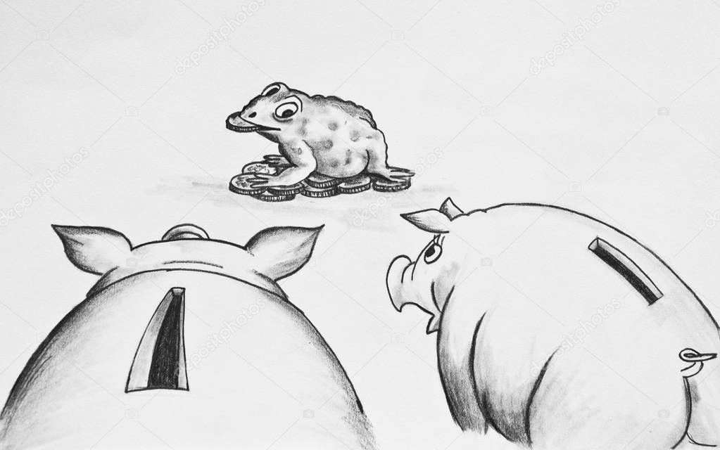 Two piggy banks looking at the money toad. Pencil drawing on paper