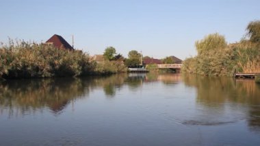 Sabah güneş tarafından aydınlatılmış kanal. Sazlık ile büyümüş kanal kıyısında.