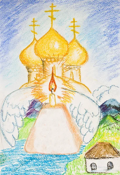 Vacaciones Pascua Kulich Vela Cúpulas Doradas Catedral Dibujo Pastel Sobre —  Fotos de Stock