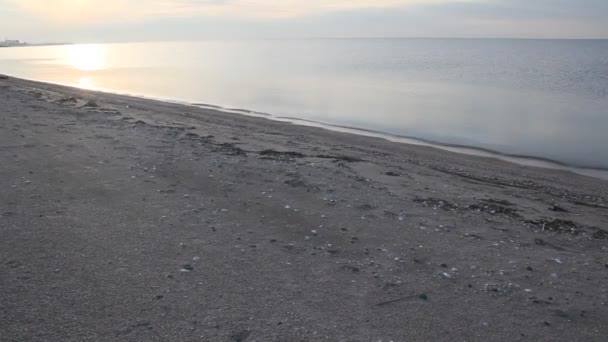 Ruhige See Vor Sonnenuntergang Ein Ruhiger Trostloser Sandstrand Wolken Horizont — Stockvideo