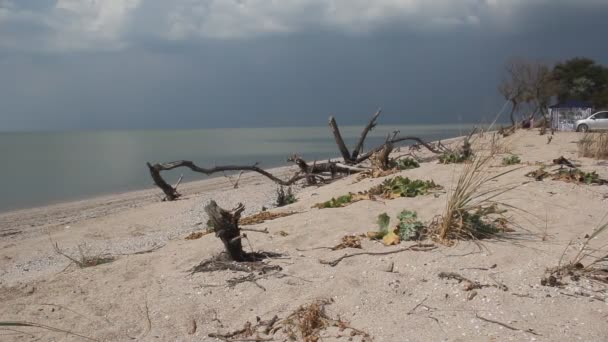 Nuvole Tempesta Sul Mare Tranquillo Turisti Rilassano Sullo Spiedo Sabbia — Video Stock