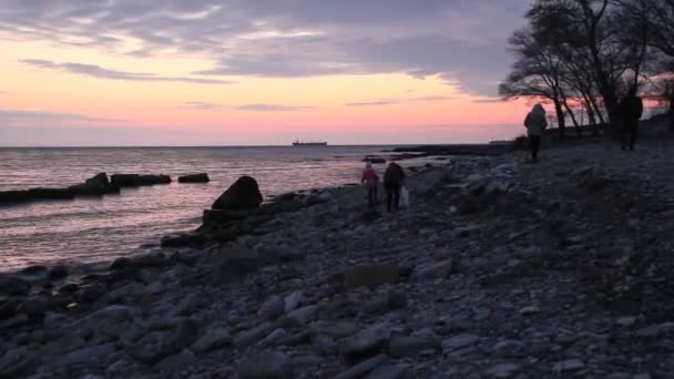 海に沈む夕日 オレンジ色の空に対して船のシルエット — ストック動画