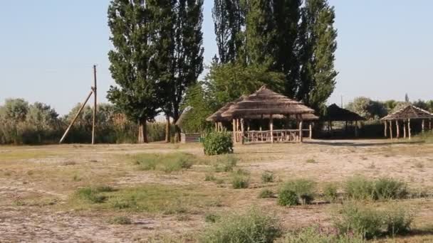 Gazebos Lago Gazebo Hecho Madera Techo Está Cubierto Cañas — Vídeos de Stock