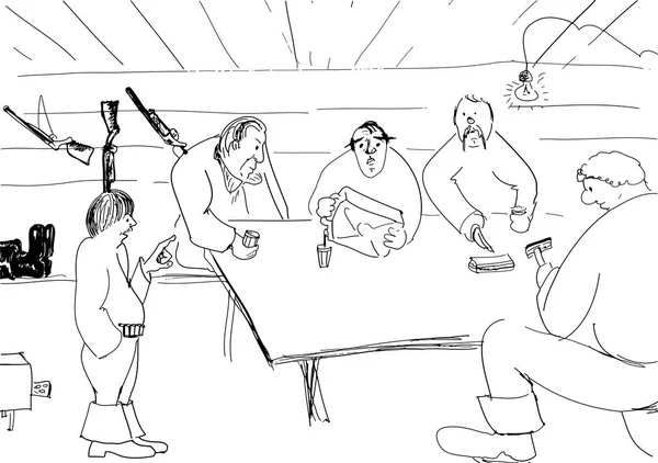 Hunters Wooden Cabin Drinking Vodka Talking Cartoon — Stock Photo, Image