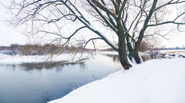 雪の銀行や氷のある冬の川のパノラマ写真 — ストック写真