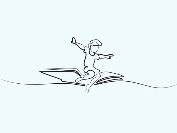 Kleine jongen vliegen op boek in de hemel — Stockvector