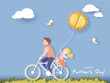 Yakışıklı adam ve kızı şeklinde hava balon güneş ile bisiklet. Mutlu babalar günü kartı. Kağıdı tarzı kesin. Vektör çizim