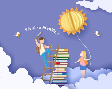 Çocuk, kitaplar ve güneş ile okul kartı geri