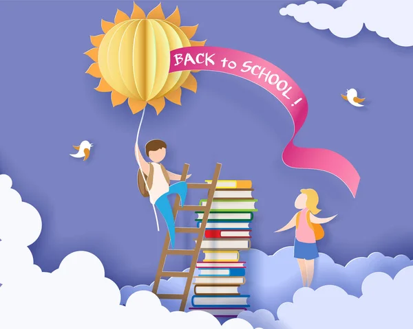 Çocuk, kitaplar ve güneş ile okul kartı geri — Stok Vektör