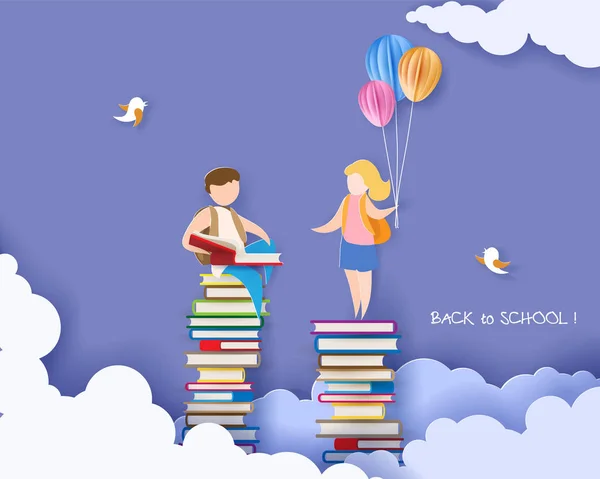 Voltar ao cartão da escola com menino e livros —  Vetores de Stock