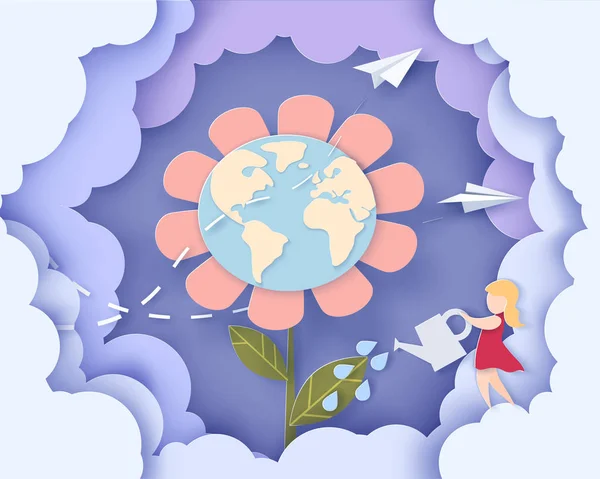 Barn vårdar jorden blomma — Stock vektor