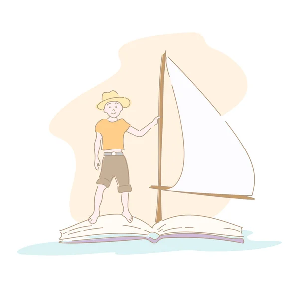 Garçon en chapeau flottant sur le livre avec voile — Image vectorielle