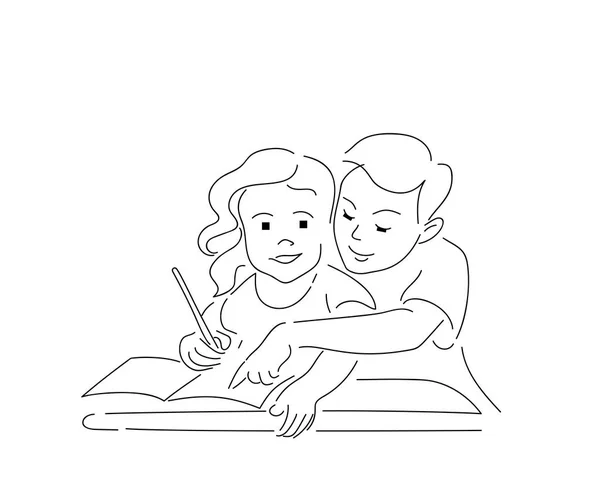 Dos niños que escriben tarea en la tarea de la hoja de trabajo — Vector de stock