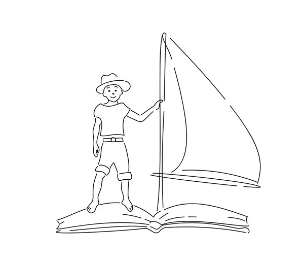 Junge mit Hut schwimmt auf Buch mit Segel — Stockvektor