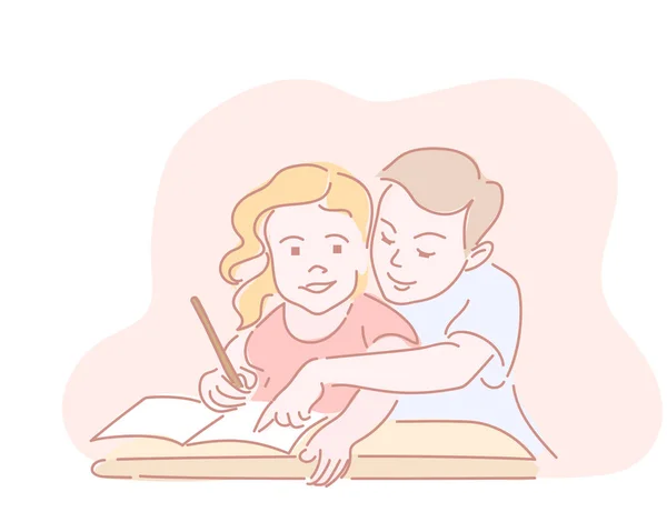 Deux enfants écrivent leurs devoirs dans une feuille de travail pour l'école — Image vectorielle