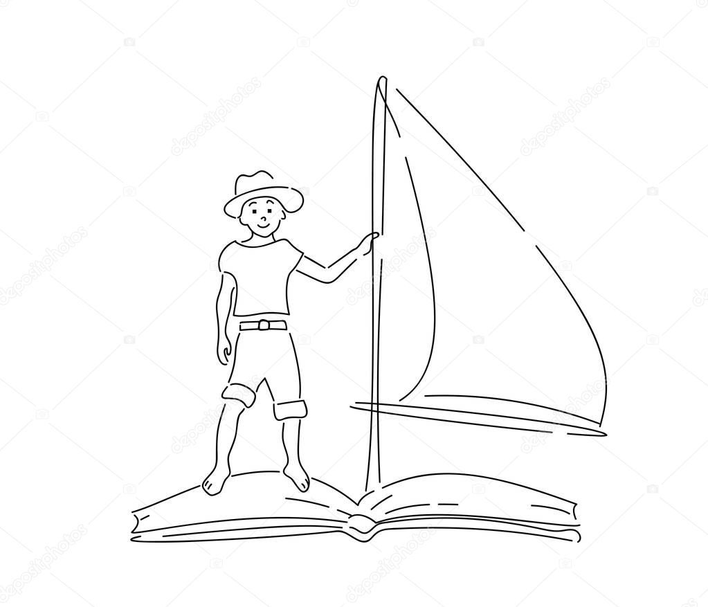 Boy in hat floating on book with sail