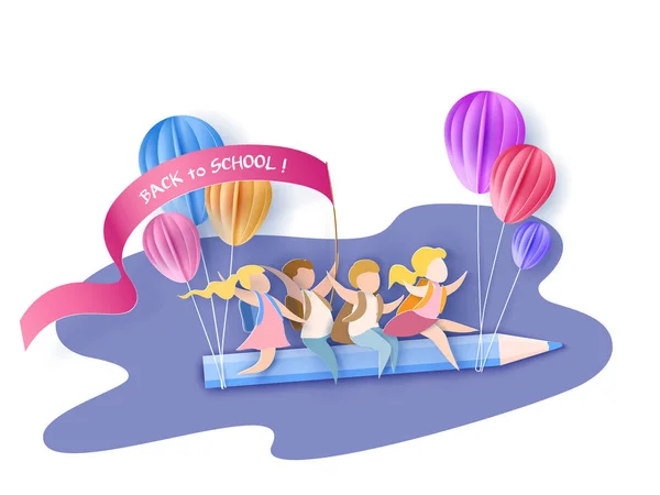 Crianças voando a lápis com balões de ar —  Vetores de Stock