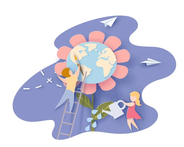Niños cuidando la Tierra flor cielo azul — Archivo Imágenes Vectoriales