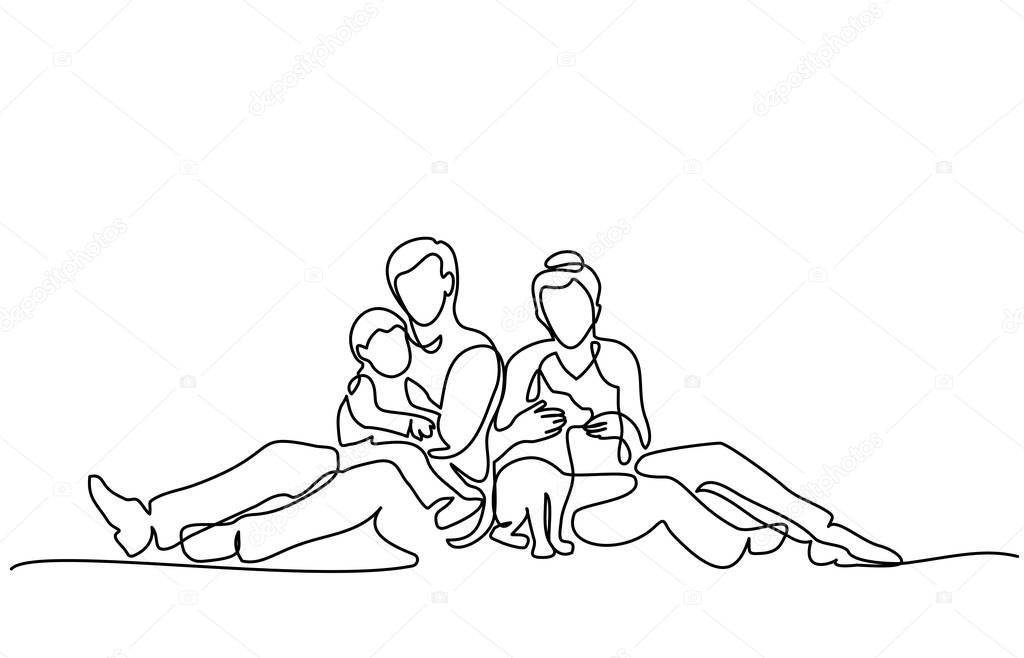 Continuous one line drawing. Family concept. Father, mother and kid sitting together. Vector illustration