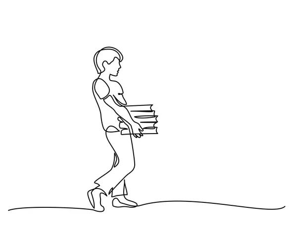 Disegno continuo di una linea. Ragazzo con libro pila — Vettoriale Stock