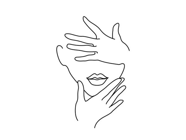 Desenho de linha Art. Mulher rosto com as mãos — Vetor de Stock