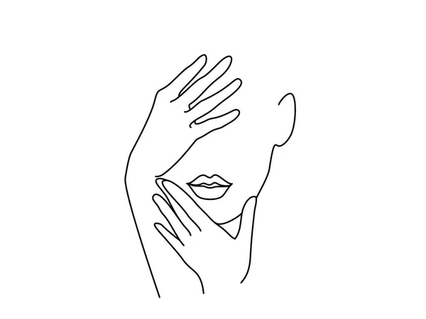線の描画の芸術。手で女性の顔 — ストックベクタ