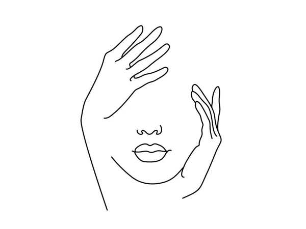 Linjeritning konst. Kvinna ansikte med hand — Stock vektor