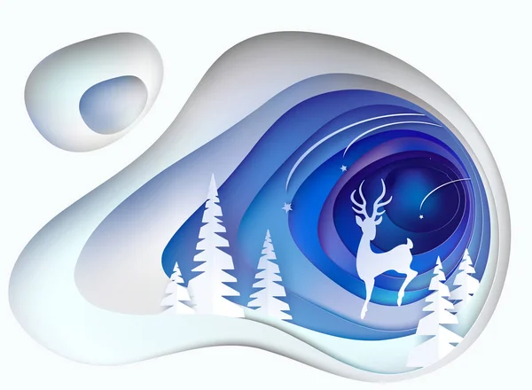 Christmas card. Snowy hill with fur trees and deer — Stock Vector