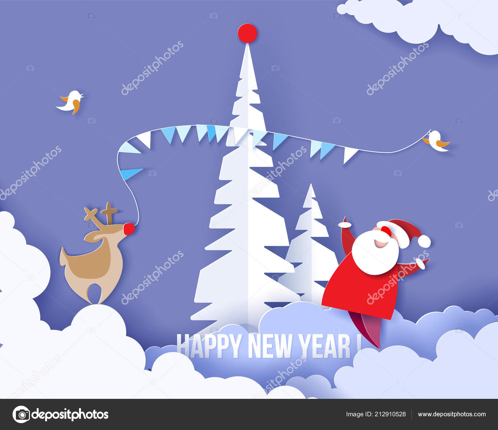 Color paper cut design and craft winter landscape with tree reindeer Santa clouds Holiday nature and christmas tree Vector illustration Merry