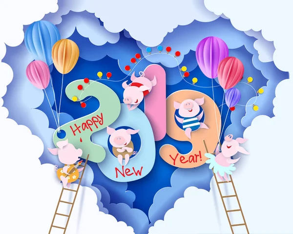 2019 glad Nyåren design kort med svin — Stock vektor