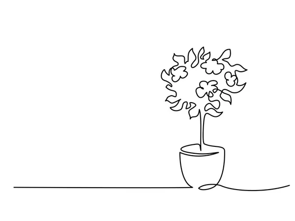 Arbre en fleurs en pot Dessin continu d'une ligne — Image vectorielle