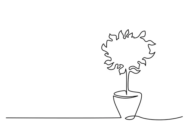 Pequeño árbol de casa en maceta Dibujo continuo de línea — Vector de stock