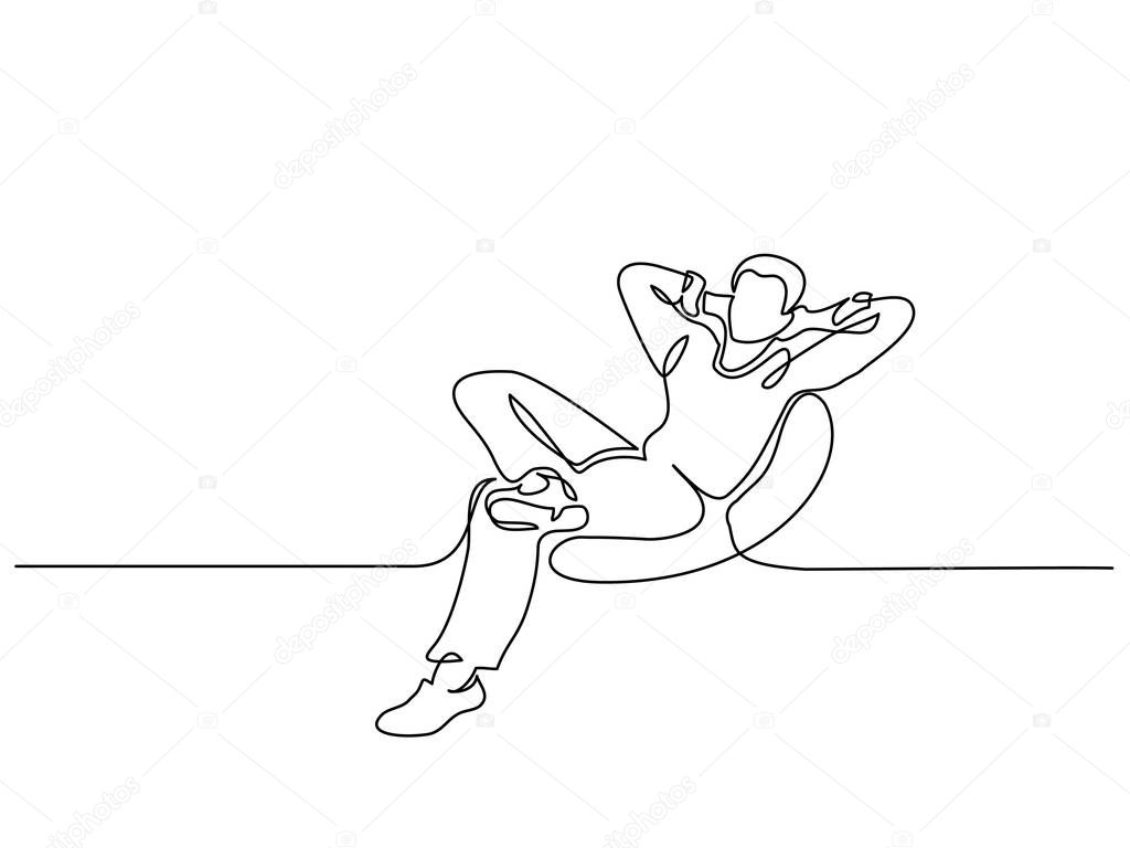 Continuous one line drawing. Young man relaxing in armchair, sitting. Vector illustration