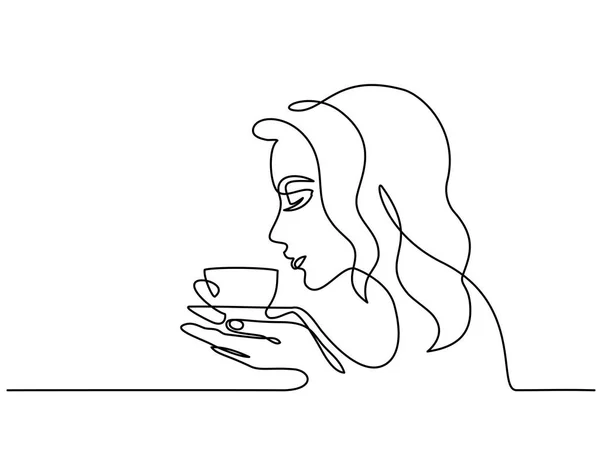 Hezká mladá žena vonící káva čaj closeup — Stockový vektor
