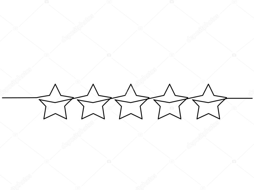 Continuous one line drawing. Five stars customer product rating review icon. Vector illustration