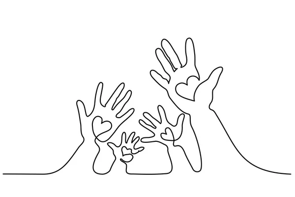 Abstracto familia manos sosteniendo corazones una línea — Archivo Imágenes Vectoriales