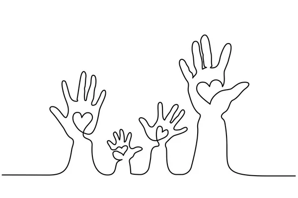 Abstrato família mãos segurando corações Uma linha — Vetor de Stock